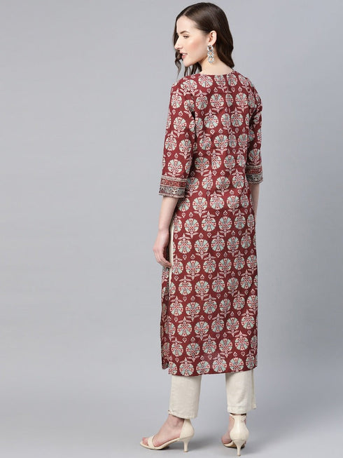 Women Burgundy Pure Cotton Printed A Line Kurta